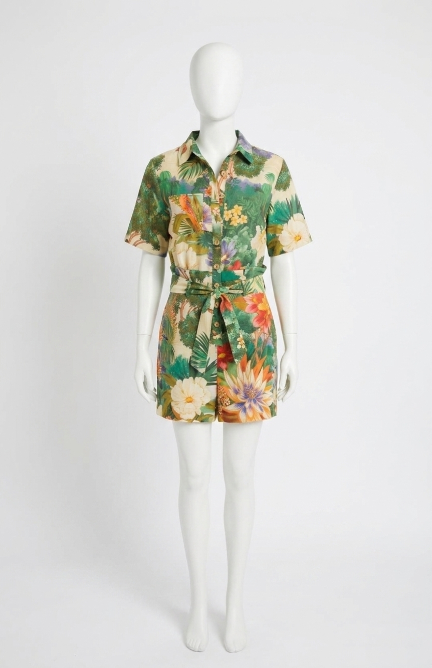 NEW FARM RIO ecovero linen floral romper in green